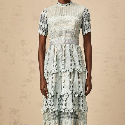 April Green Floral Embroidered Tiered Midi Dress with Cut-Out Detailing and Lace Trim