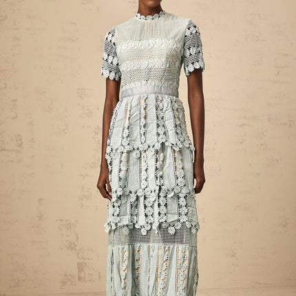 April Green Floral Embroidered Tiered Midi Dress with Cut-Out Detailing and Lace Trim