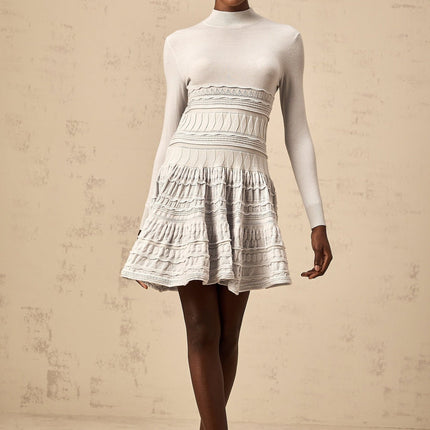 April Grey Wool Blend Ribbed Knit Mini Dress with Ruffled Detailing