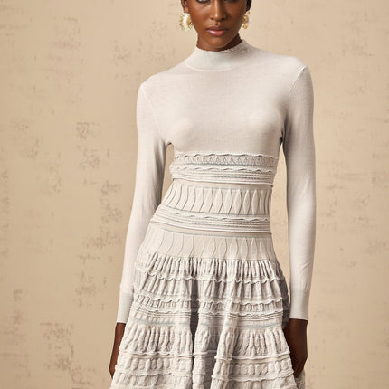 April Grey Wool Blend Ribbed Knit Mini Dress with Ruffled Detailing