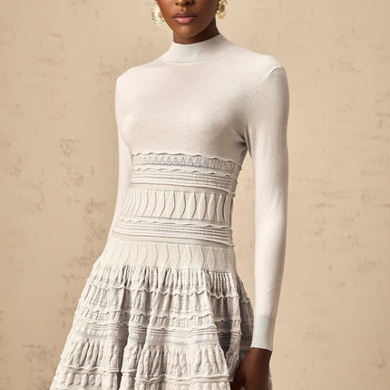 April Grey Wool Blend Ribbed Knit Mini Dress with Ruffled Detailing