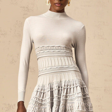 April Grey Wool Blend Ribbed Knit Mini Dress with Ruffled Detailing and Cinched Waist