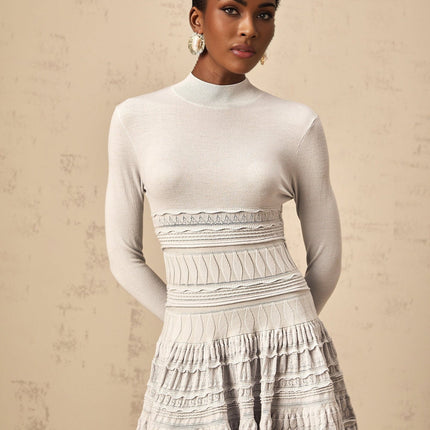 April Grey Wool Blend Ribbed Knit Mini Dress with Ruffled Detailing and Pointelle Panels