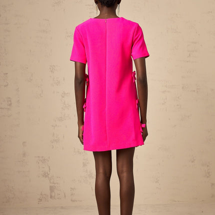 April Mini Dress Fuchsia Pink Round Neck Short Sleeves Bowknot Detailing Rear Zip Fastening