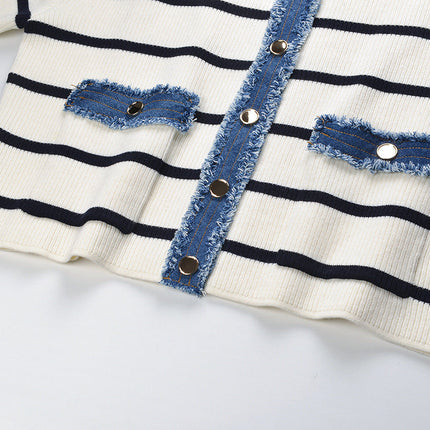 April wearing a Multicolored Cropped Striped Ribbed Top with Denim Accents in Cream and Navy