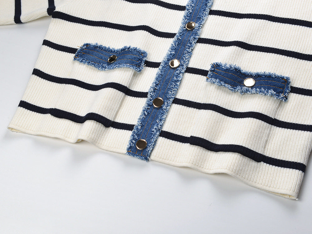 April wearing a Multicolored Cropped Striped Ribbed Top with Denim Accents in Cream and Navy