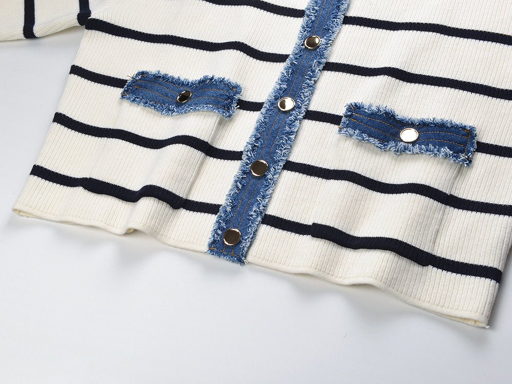 April wearing a Multicolored Striped Cropped Boxy Top with Denim Accents in Cream and Navy