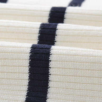 April wearing Multicolored Striped Cropped Denim Accent Ribbed Jacket in Cream and Navy