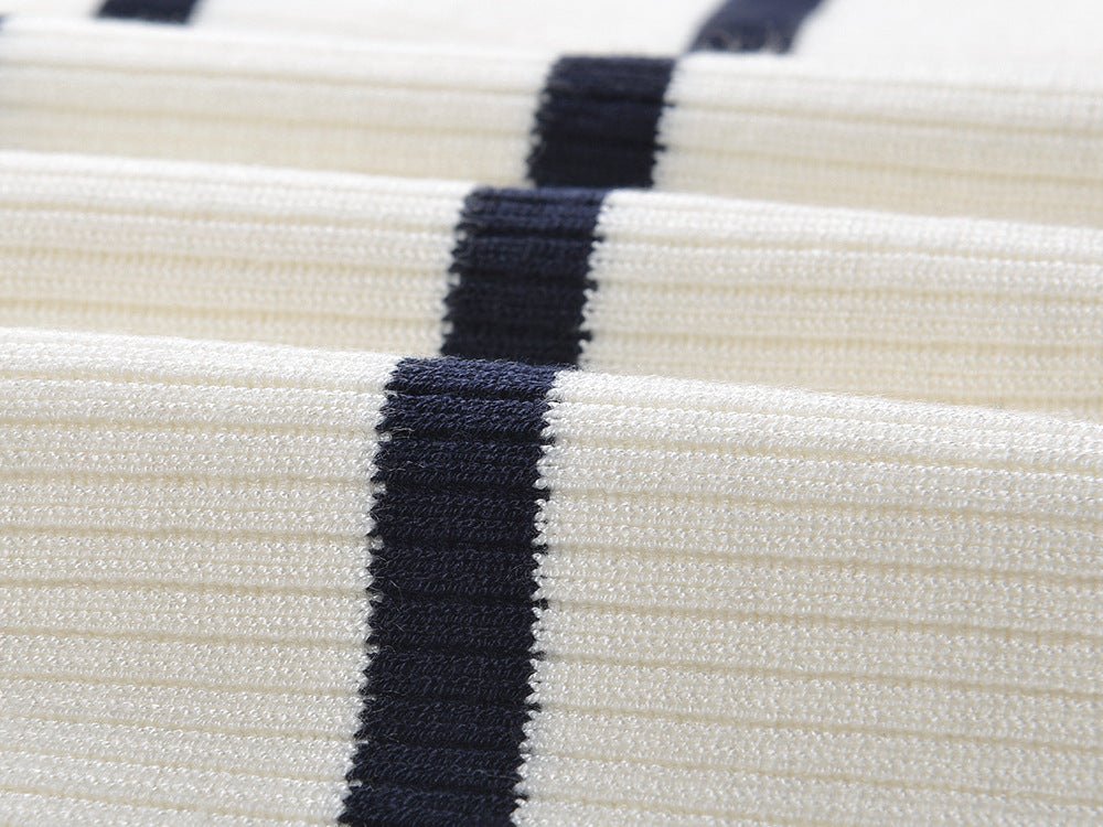 April wearing Multicolored Striped Cropped Denim Accent Ribbed Jacket in Cream and Navy