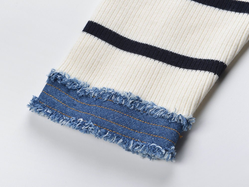 April wearing Multicolored Striped Cropped Denim Accent Ribbed Top in Cream and Navy