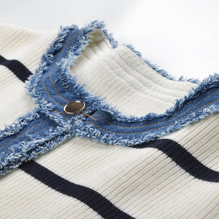 April wearing Multicolored Striped Cropped Denim Accent Ribbed Jacket in Cream and Navy