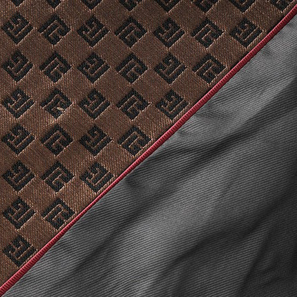 April wearing Rich Brown Geometric Double-Breasted Blazer with Gold Accents