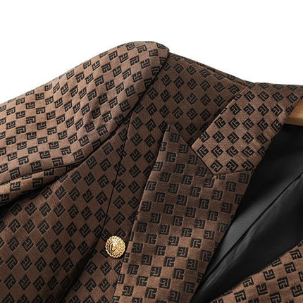 April wearing Rich Brown Geometric Double-Breasted Blazer with Gold Buttons