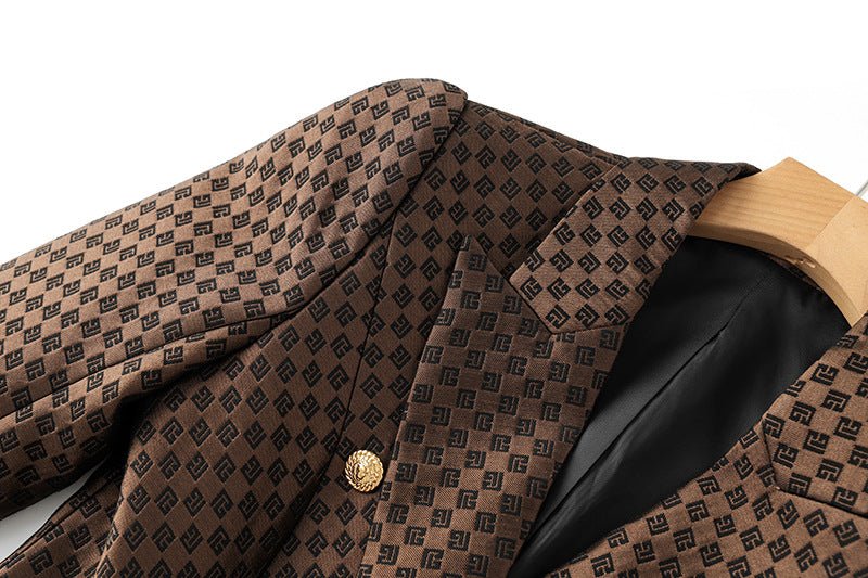 April wearing Rich Brown Geometric Double-Breasted Blazer with Gold Buttons