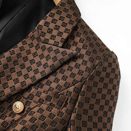 April wearing Rich Brown Geometric Double-Breasted Blazer with Gold Buttons