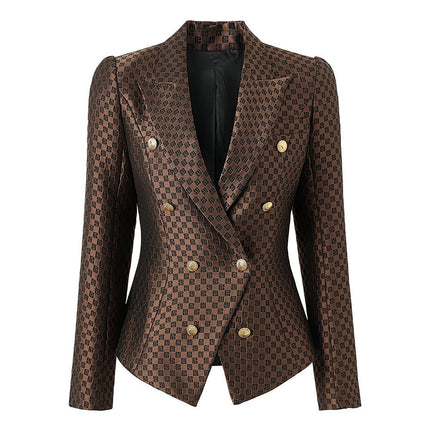 April wearing a Rich Brown Geometric Pattern Double-Breasted Blazer with Gold Buttons