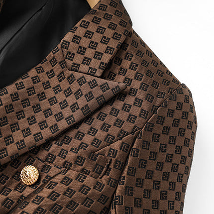 April wearing Rich Brown Geometric Pattern Double-Breasted Blazer with Gold Buttons