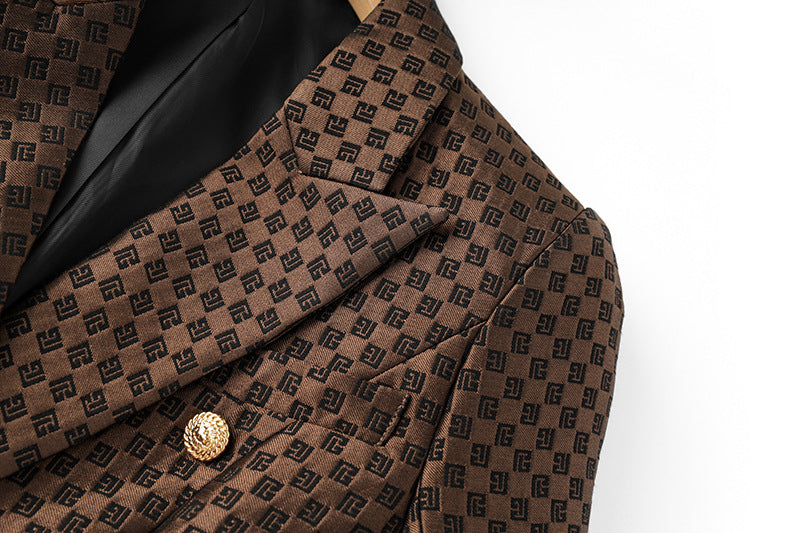 April wearing Rich Brown Geometric Pattern Double-Breasted Blazer with Gold Buttons