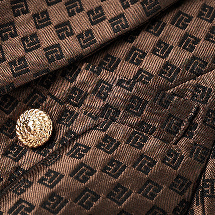 April wearing Rich Brown Geometric Pattern Double-Breasted Blazer with Gold Buttons