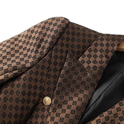 April wearing Rich Brown Geometric Pattern Double-Breasted Blazer with Gold Buttons