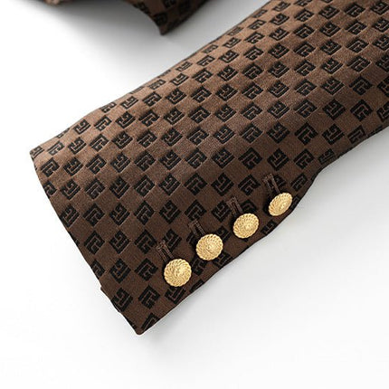 April wearing Rich Brown Geometric Pattern Double-Breasted Blazer with Gold Buttons