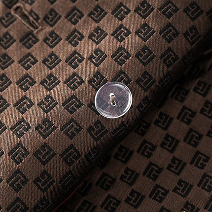 April wearing Rich Brown Geometric Pattern Double-Breasted Blazer with Gold Buttons