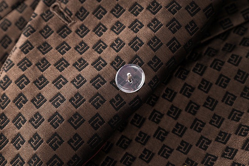 April wearing Rich Brown Geometric Pattern Double-Breasted Blazer with Gold Buttons
