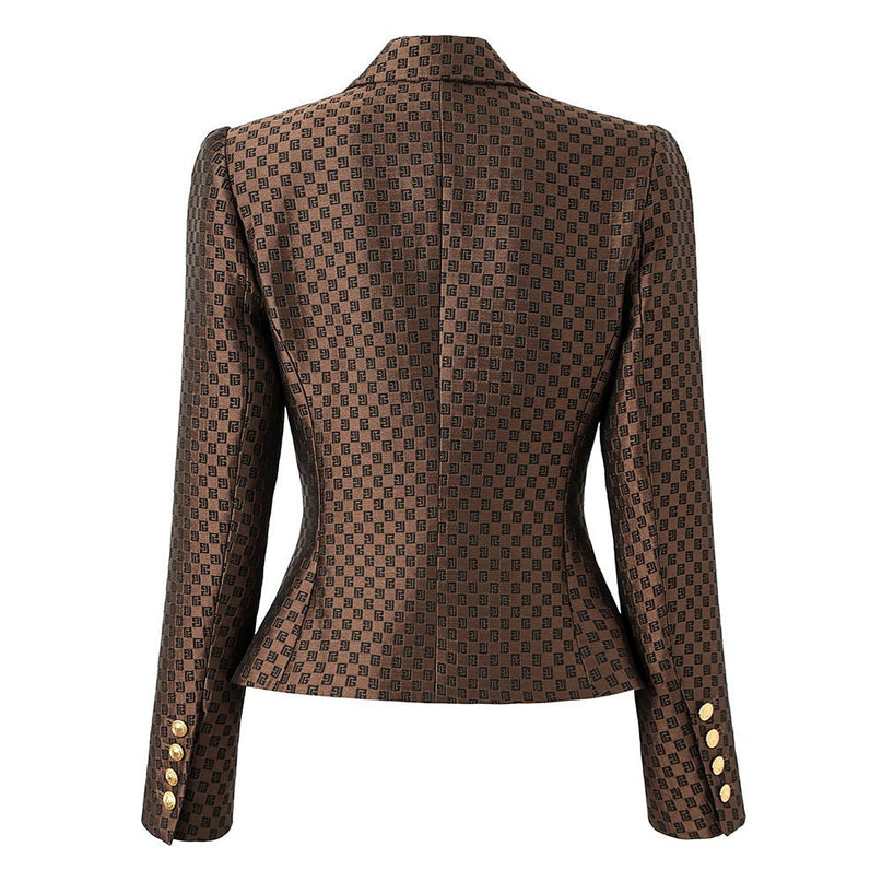 April wearing Rich Brown Geometric Pattern Double-Breasted Blazer with Gold Buttons