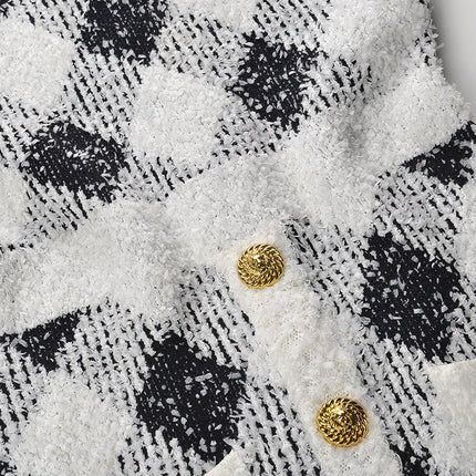 Argyle Black and White Contrast Bodycon Dress with Golden Button Accents