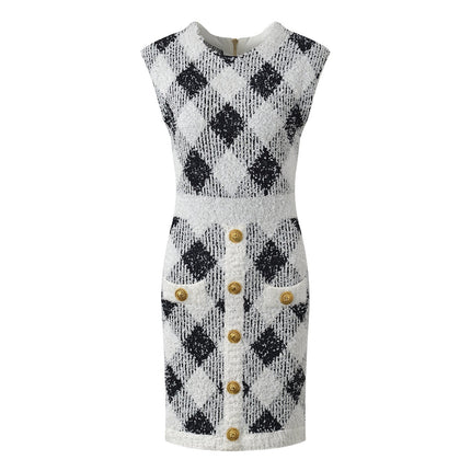 Argyle Black and White Contrast Fitted Bodycon Dress with Golden Button Accents