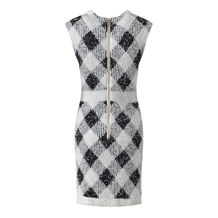 Argyle Black and White Contrast Bodycon Dress with Golden Button Accents