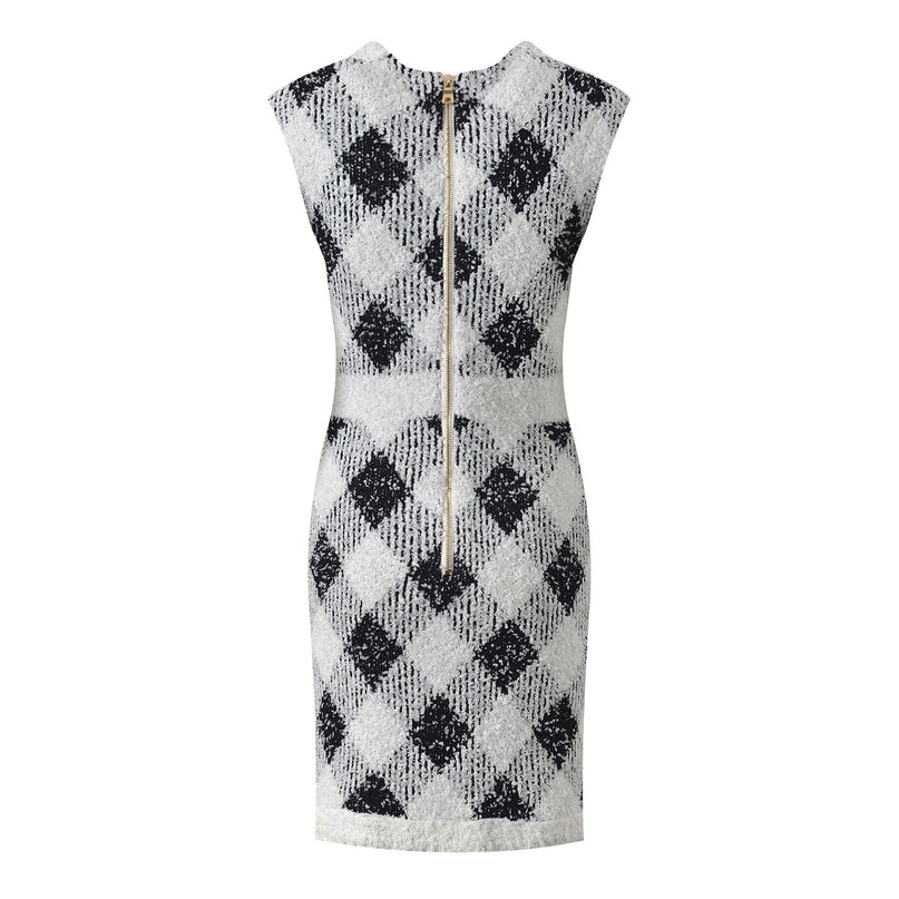 Argyle Black and White Contrast Bodycon Dress with Golden Button Accents