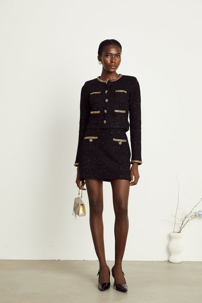 Ariane black sequined tweed jacket  skirt matching set