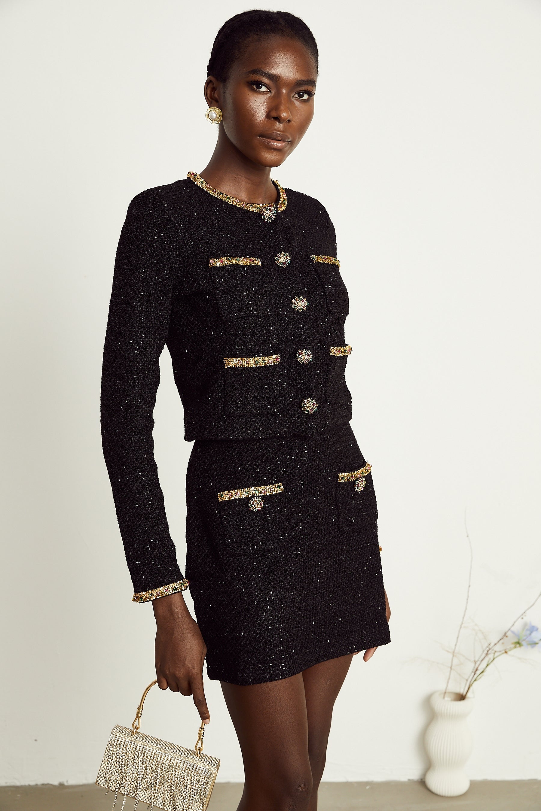 Ariane black sequined tweed jacket  skirt matching set