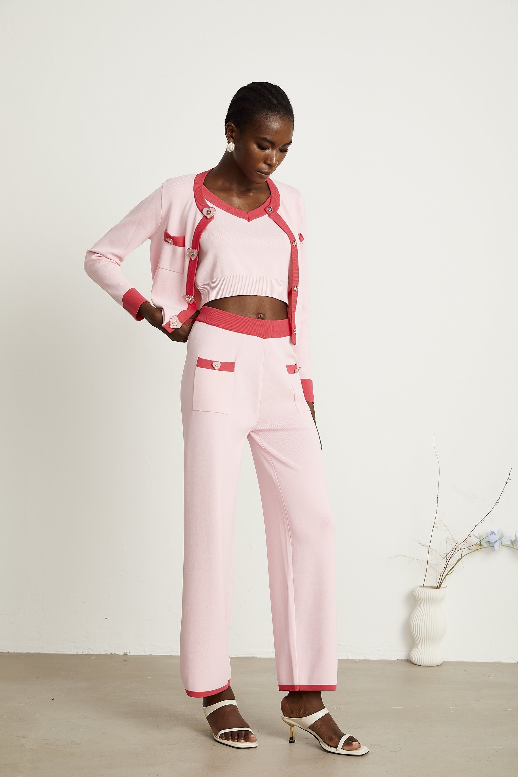Ariane pink knitted cardigan  vest top  trousers matching set