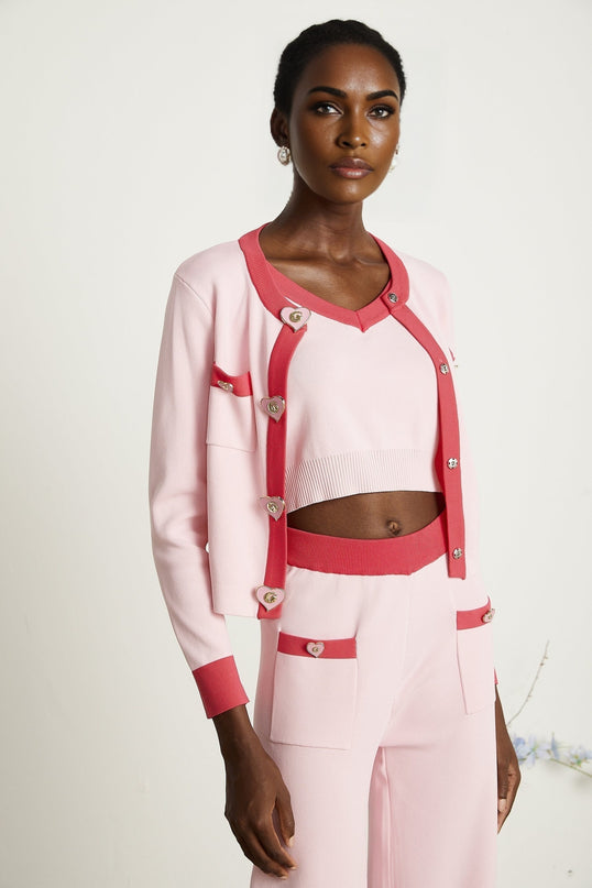 Ariane pink knitted cardigan  vest top  trousers matching set