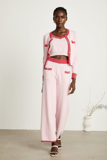 Ariane pink knitted cardigan  vest top  trousers matching set
