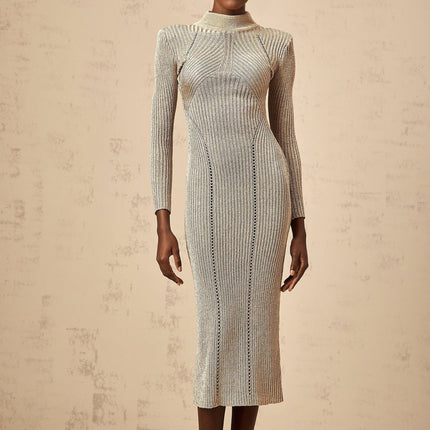 Arianna Gold Ribbed Knit Midi Dress with Metallic Threading and Shoulder Pads