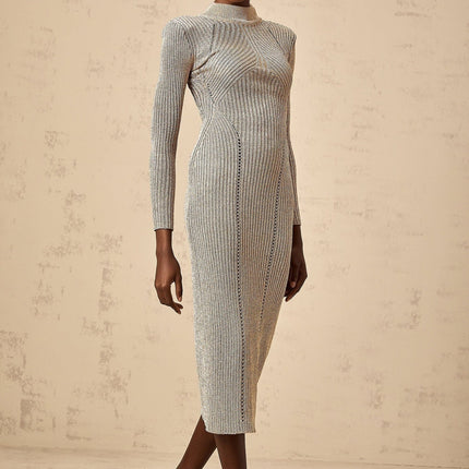Arianna Gold Ribbed Knit Midi Dress with Metallic Threading and Pointelle Trim