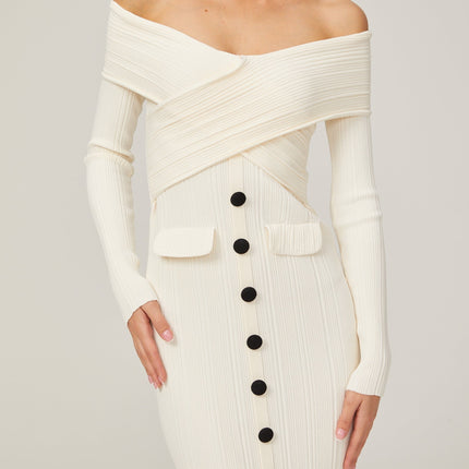 Arianna White Midi Dress Rib Knit Off-Shoulder Calf-Length