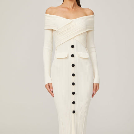 Arianna White Midi Dress Off-Shoulder Rib-Knit Calf-Length Long Sleeves