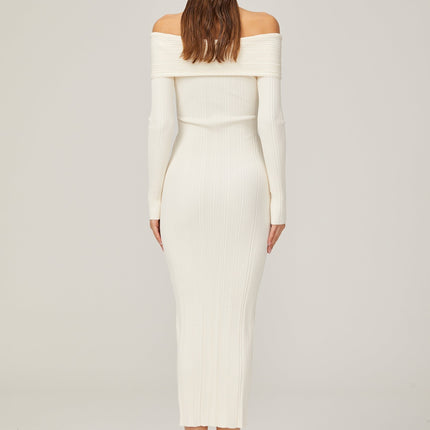 Arianna White Rib Knit Off-Shoulder Midi Dress with Long Sleeves and Crossover Design