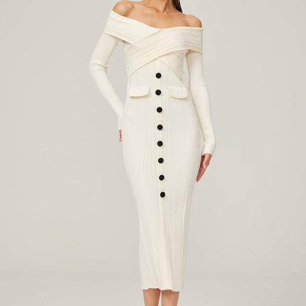 Arianna White Rib Knit Off-Shoulder Midi Dress