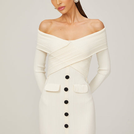 Arianna White Rib Knit Off-Shoulder Midi Dress with Crossover Design and Faux Flap Pockets