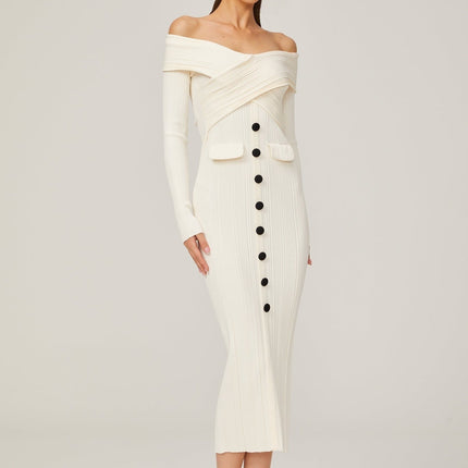 Arianna White Rib Knit Off-Shoulder Midi Dress