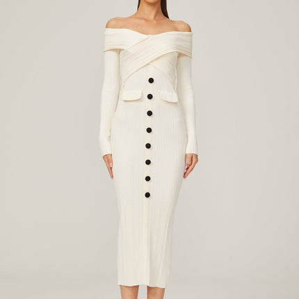 Arianna White Rib Knit Off-Shoulder Midi Dress with Long Sleeves and Crossover Design