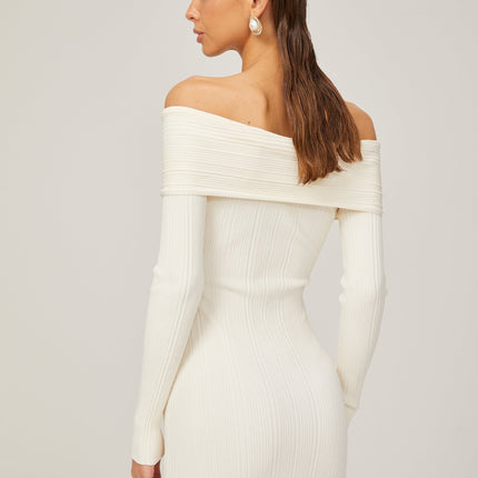 Arianna White Rib Knit Off-Shoulder Midi Dress