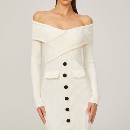 Arianna White Rib Knit Off-Shoulder Midi Dress with Long Sleeves and Crossover Design