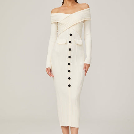 Arianna White Rib Knit Off-Shoulder Midi Dress with Long Sleeves and Crossover Design
