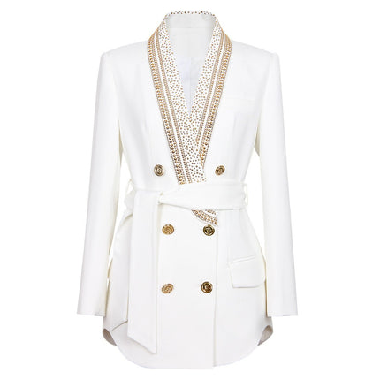 Arianna White Structured Double Breasted Tailored Jacket with Gold Accents